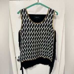 Derek Lam Black and White Patterned Top with Leather Fringe